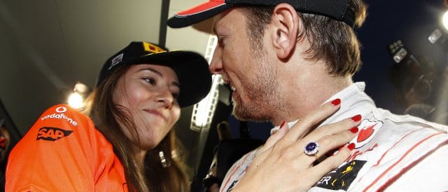 Jenson Button celebrates his Japan win with girlfriend Jessica Michibata 