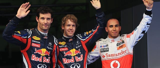 The top three in qualifying for the Malaysian Grand Prix: (left to right) Mark Webber (3rd), Sebastian Vettel (pole), Lewis Hamilton (2nd) - Photo Credit: Mark Thompson/Getty Images