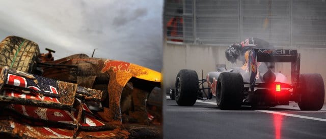 Neither Mark Webber's (left) nor Sebastian Vettel's car made it to the end of the inaugural Korean Grand Prix - Photo Credit: (Left:) Paul Gilham/Getty Images; Clive Mason/Getty Images