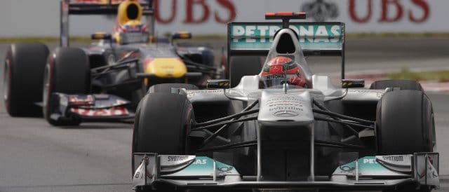 Schumacher was running second ahead of Mark Webber at one point, although DRS eventually allowed the Red Bull driver, and Jenson Button, to get past - Photo Credit: Mercedes GP