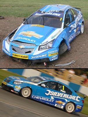 Jason Plato's Chevrolet before and after, Donington Park (Photo Credits: top - Jones/Ebrey via btcc.net; bottom - Chris Gurton Photography)