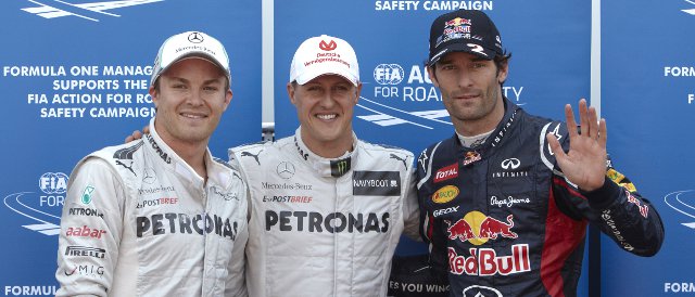 The top three in qualifying today in Monaco. Left to right: Nico Rosberg (3rd), Michael Schumacher (1st), Mark Webber (2nd) - Photo Credit: Mercedes AMG Petronas