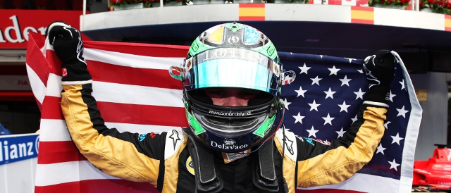 Proud to be an American: Conor Daly after his Barcelona victory (Photo Credit: Daniel Kalisz/GP3 Media Service)