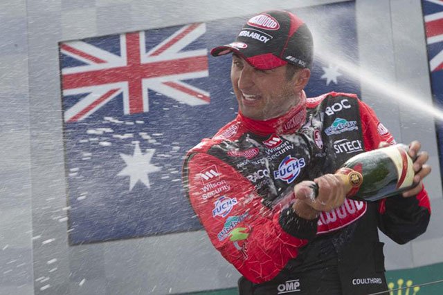 Fabian Coulthard celebrates his maiden V8 Supercars round win in Melbourne