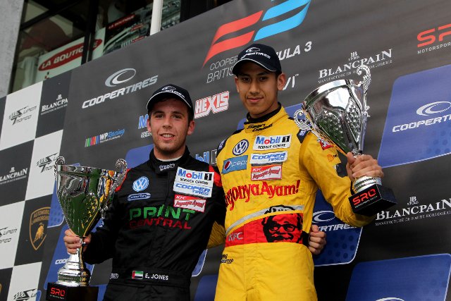 Jones (left) passed Mehri on the final lap of the race (Credit: British F3 International Series Media)