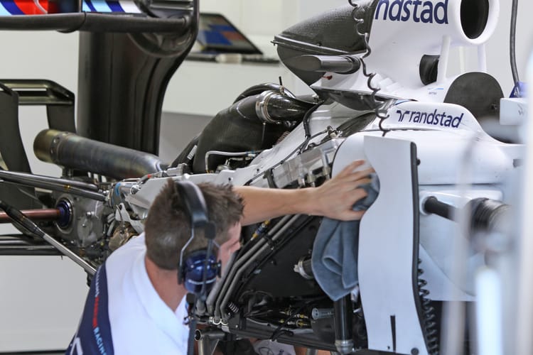 Post F1 practice 1 pitlane – German GP - Hockenheim. Williams Martini Racing FW36 sidepod and engine detail.