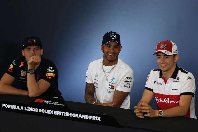 Lewis Hamilton, Max Verstappen and Charles Leclerc at pre-race presser ahead of 2018 British Grand Prix