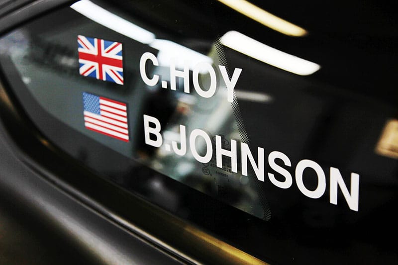 Sir Chris Hoy and Billy Johnson's names on the side of the #19 Multimatic Mustang.