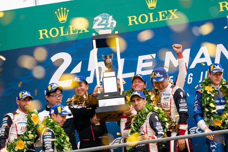 Le Mans winning Toyota Gazoo Racing team on the podium