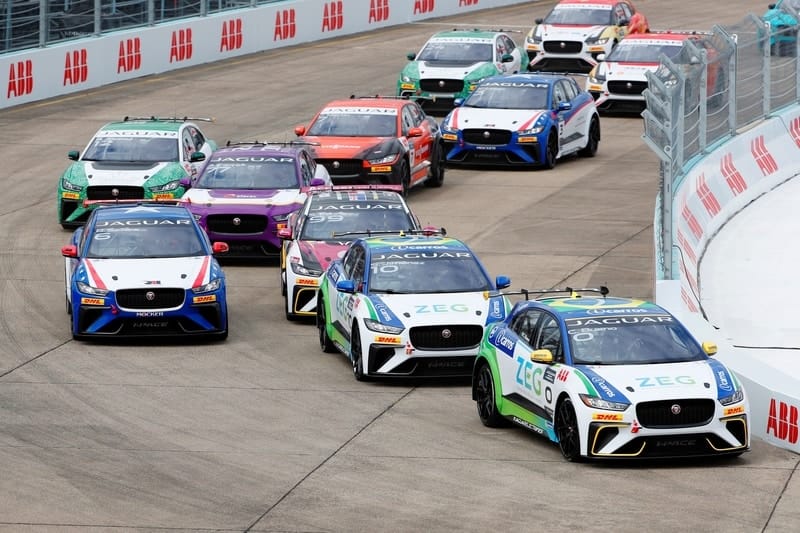 Jaguar I-Pace eTrophy Grid heading down to the first corner at Berlin Templehof Airport circuit