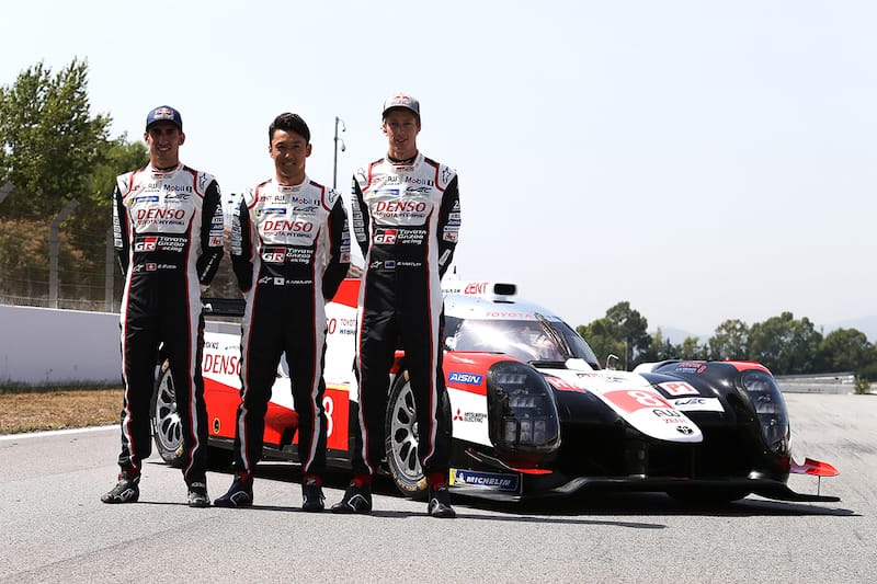 Toyota Gazoo Racing car #8 line-up (left to right: Kazuki Nakajima, Sebastien Buemi and Brendon Hartley)