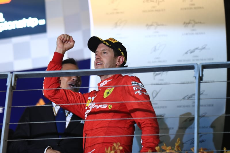 Sebastian Vettel - Scuderia Ferrari Mission Winnow in the 2019 Formula 1 Singapore Grand Prix - Marina Bay Street Circuit - Race - Podium