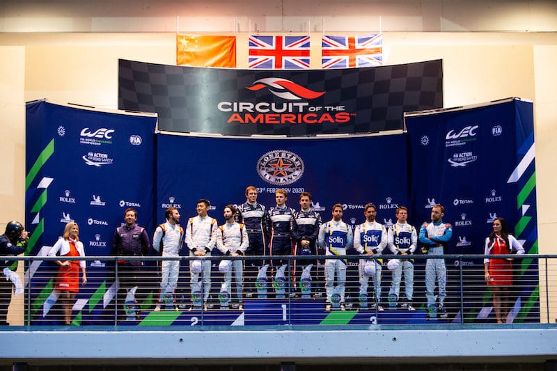 LMP2 podium after the 2020 6 Hours of COTA (left, Jackie Chan DC Racing, middle, United Autosports, right, JOTA Sport)