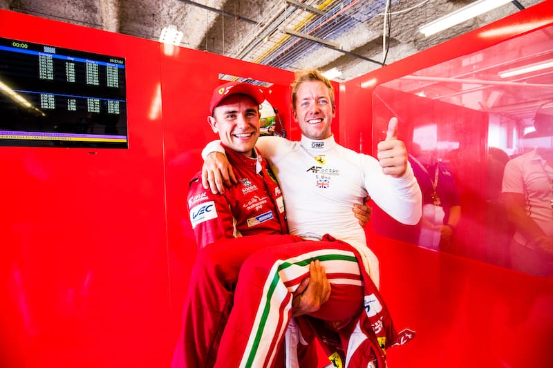 Sam Bird and Davide Rigon celebrating at the 2017 6 Hours of COTA qualifying