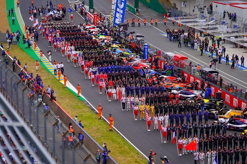Grid ahead of the race, standing for the National Anthem at Le Mans