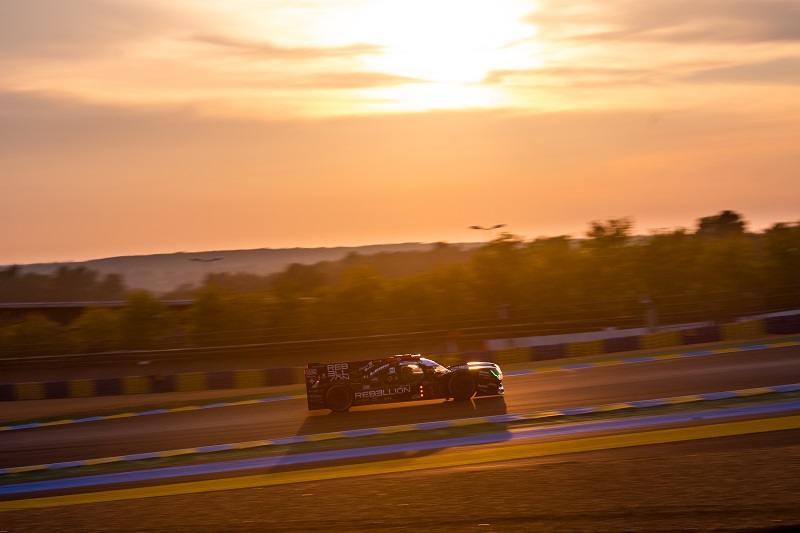 Rebellion Racing #1 at the 24 Hours of Le Mans at sunset, 2020