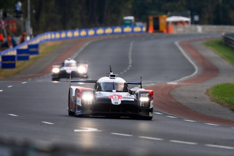 Toyota Gazoo Racing #7 chasing Toyota Gazoo Racing #8 on track at Le Mans