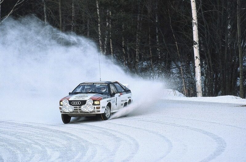 The original Audi quattro racing in the snow at the Rally Monte Carlo