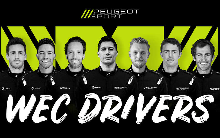 Peugeot Hypercar Drivers, from left to right: James Rossiter, Mikkel Jensen, Jean-Eric Vergne, Loic Duval, Kevin Magnussen, Paul di Resta, Gustavo Menezes
