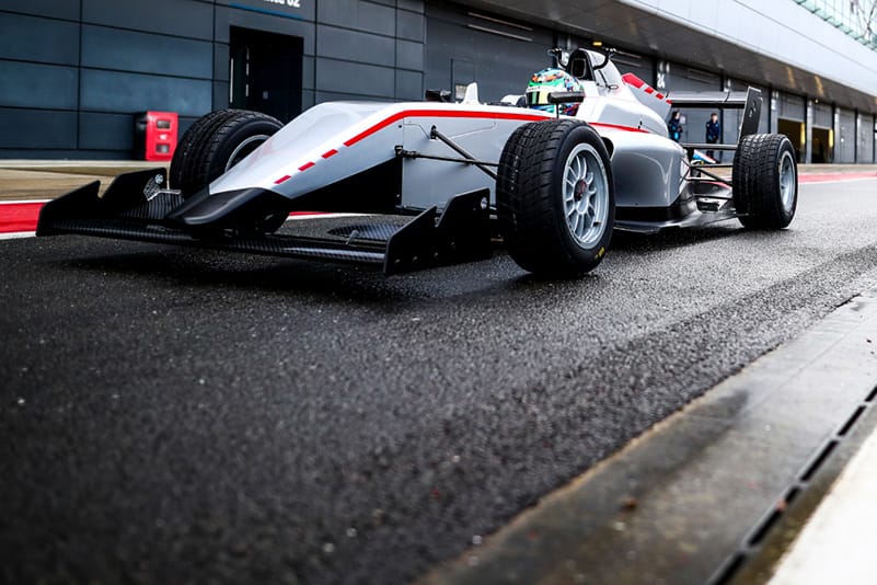 Sebastian Alvarez leaves the pits at Silverstone while testing for Hitech GP.