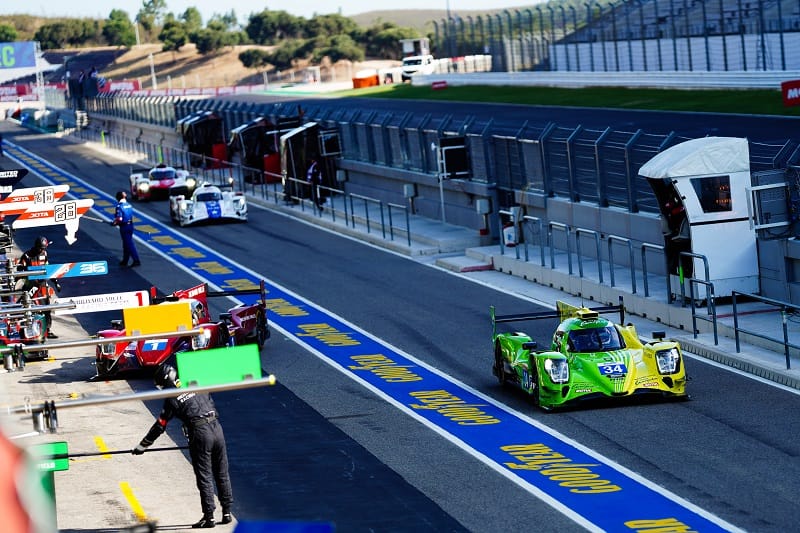 LMP2 cars in the pit lane at Portimao