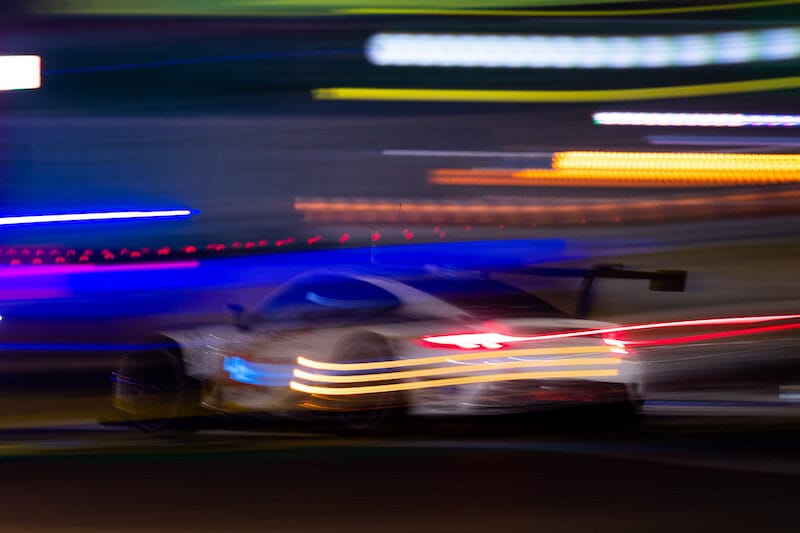 Motion blur of the #46 Team Project 1 GTE Am car at Le Mans