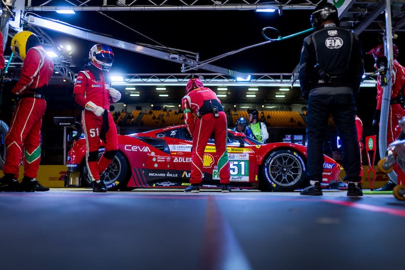 #51 AF Corse in the pits at night during practice for the 24 Hours of Le Mans