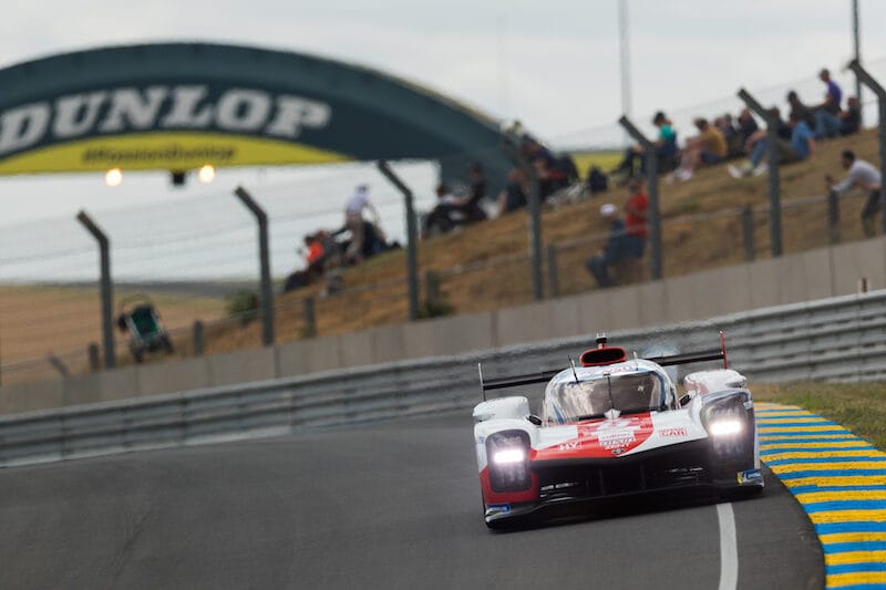 #7 Toyota Gazoo Racing going under the Dunlop Bridge at the 2022 24 Hours of Le Mans