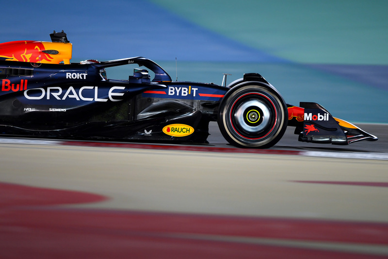 Close up of Max Verstappen racing at the Bahrain Grand Prix in 2024.